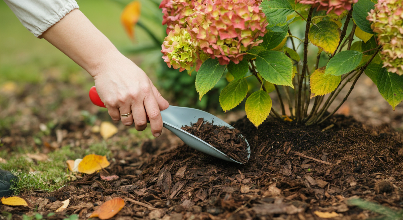 Close-up photo of a hand spreading mulch around the base of a hydrangea plant in an autumn garden. N