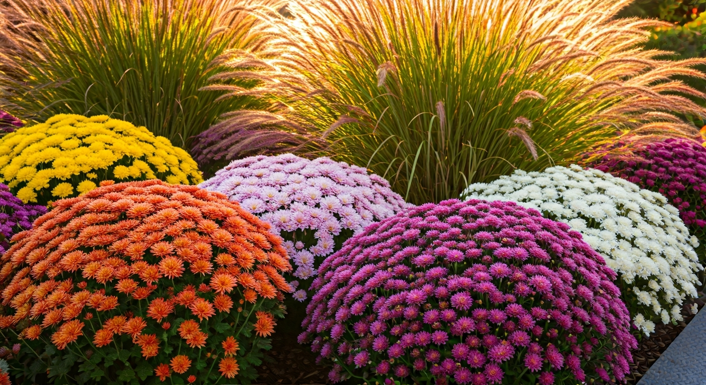 Professional photo of a variety of blooming chrysanthemums and ornamental grasses in a well-maintain