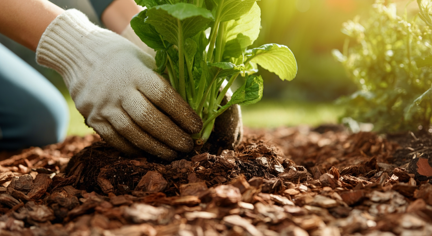 Close-up photo of a gardener's hands mulching around the base of a healthy plant with organic materi