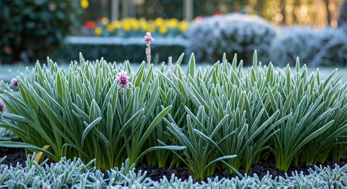 Professional photo of a neatly pruned garden bed with frost-covered flowers and foliage, showcasing