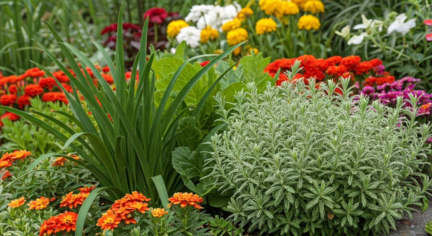 Close-up photo of a variety of vibrant flowers and green foliage in a well-maintained garden bed, sh