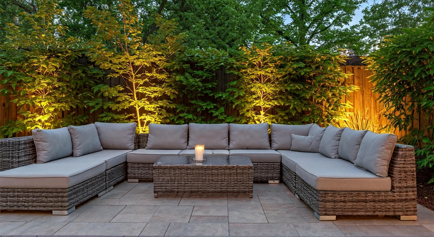 Professional photo of a modern patio area in a backyard, featuring comfortable outdoor furniture, su