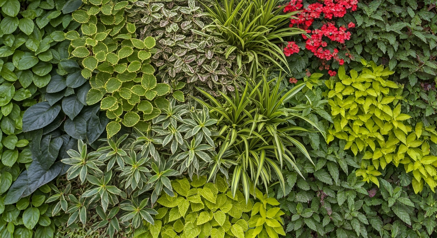 Close-up photo of a vibrant vertical garden with a variety of lush green plants and colorful flowers