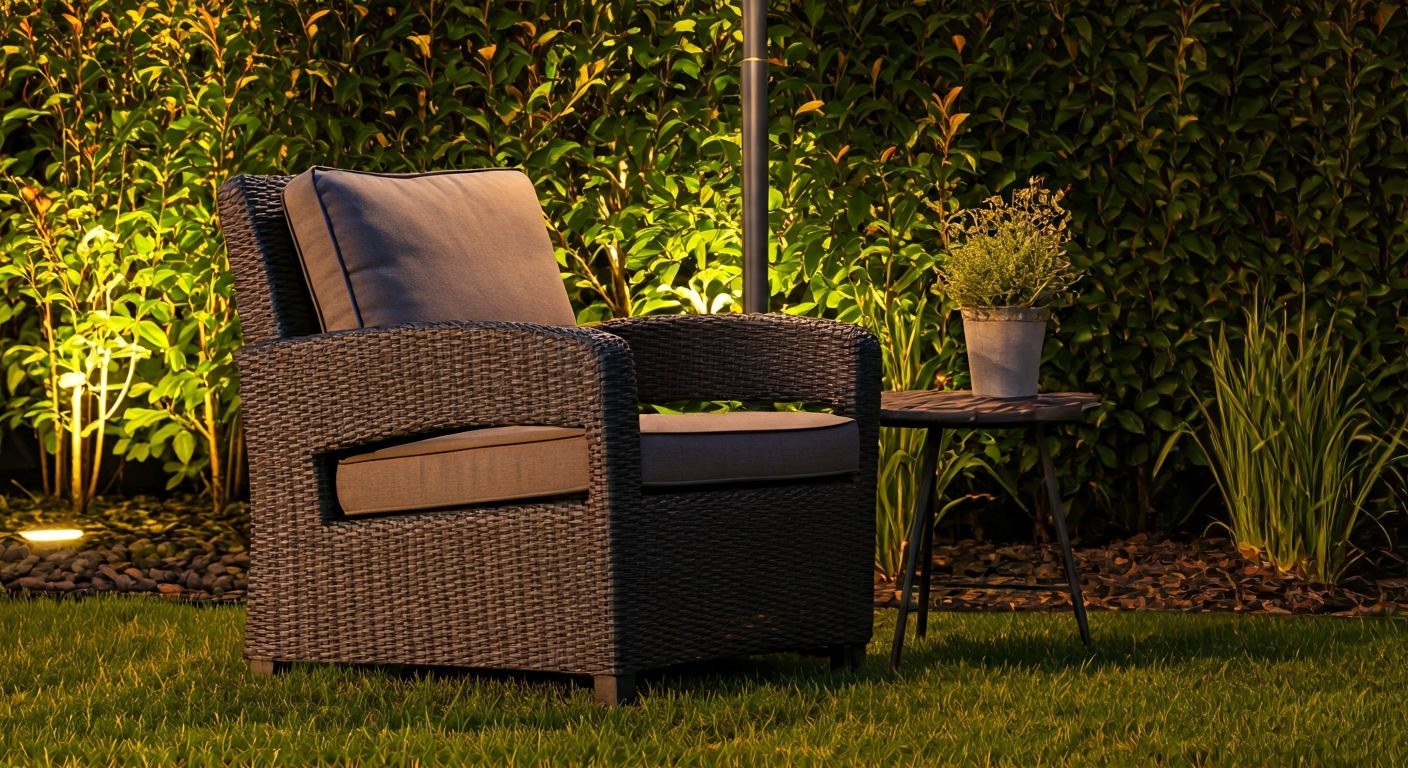 Professional photo of a cozy outdoor reading nook in a garden, featuring a comfortable armchair, a s
