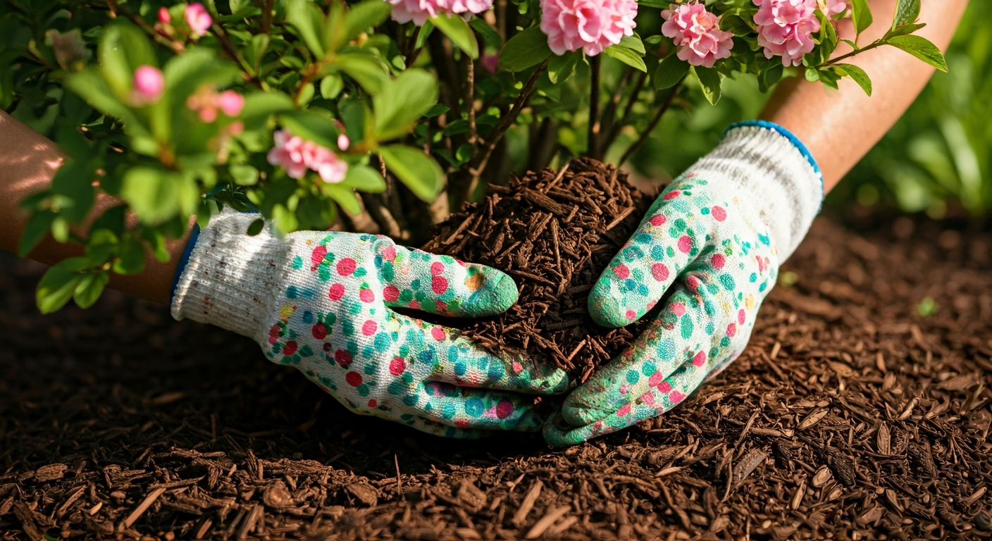 Close-up photo of hands wearing gardening gloves carefully applying organic mulch around the base of