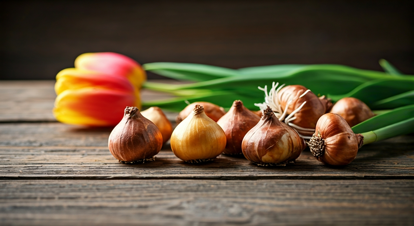 Professional photo of a variety of spring flower bulbs, such as tulips, daffodils, and hyacinths, ne