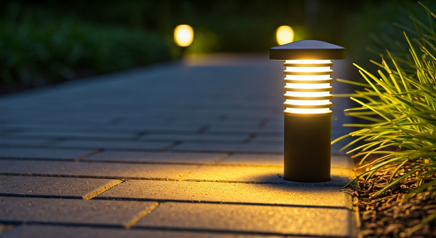 Close-up photo of a modern, weather-resistant garden pathway light casting a warm glow on paving sto