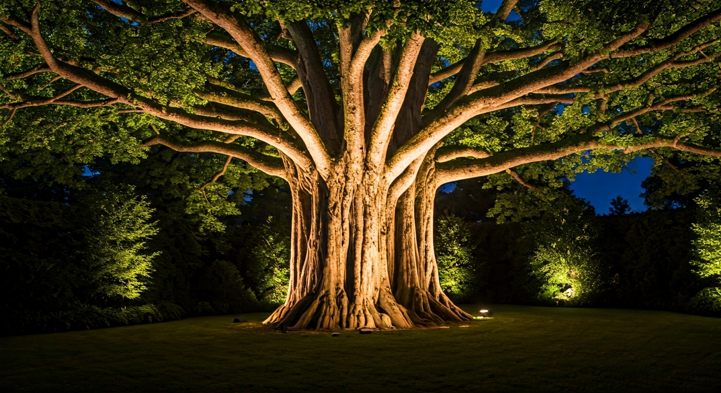 Professional photo of a large tree in a garden at night, illuminated from below with uplighting spot