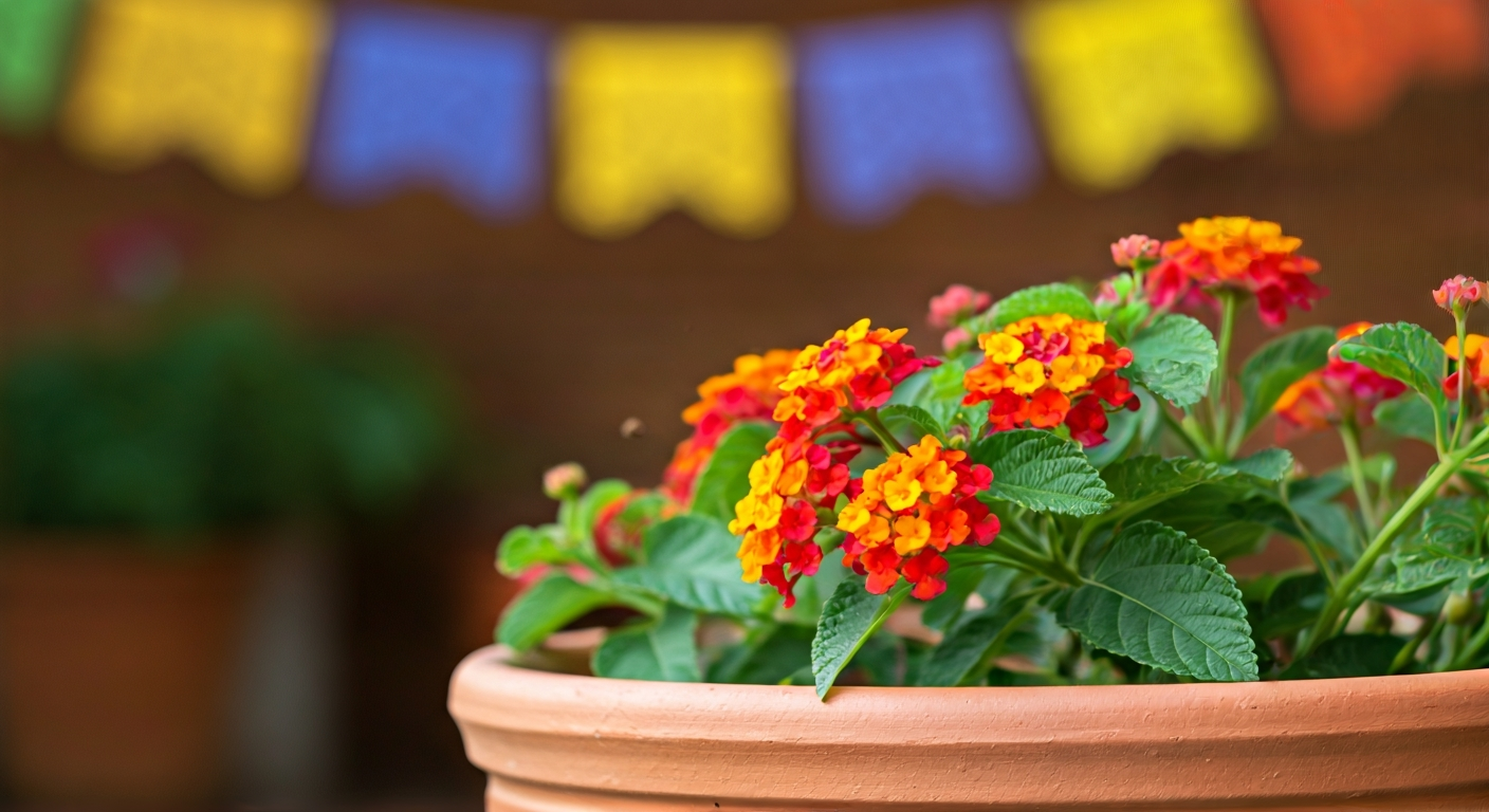Close-up professional photo of a small cluster of vibrant red and orange lantana flowers in a rustic
