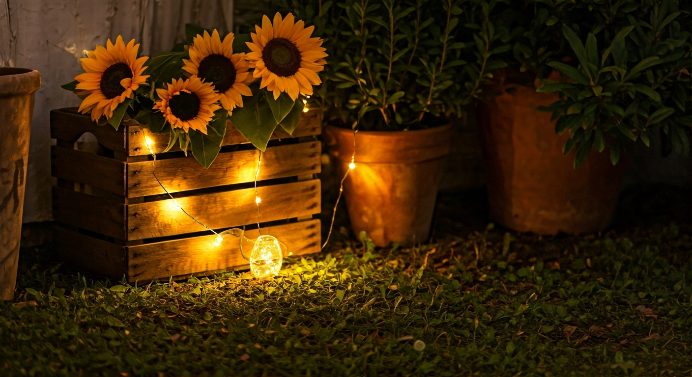 Professional photo of a cozy corner of a garden decorated for Festa Junina, featuring a rustic woode