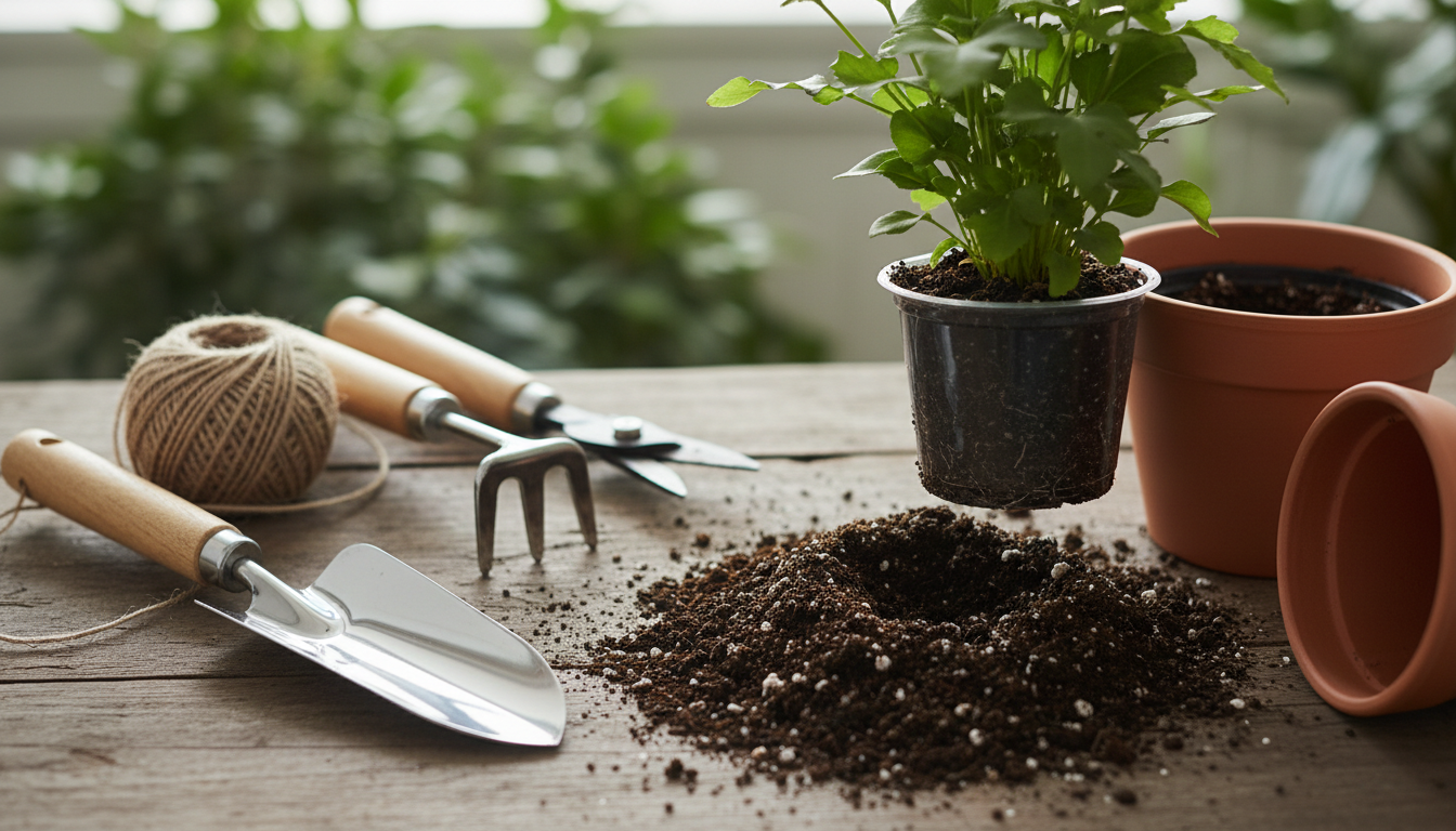 Close-up photo of gardening tools neatly arranged next to a small, healthy plant being repotted, wit