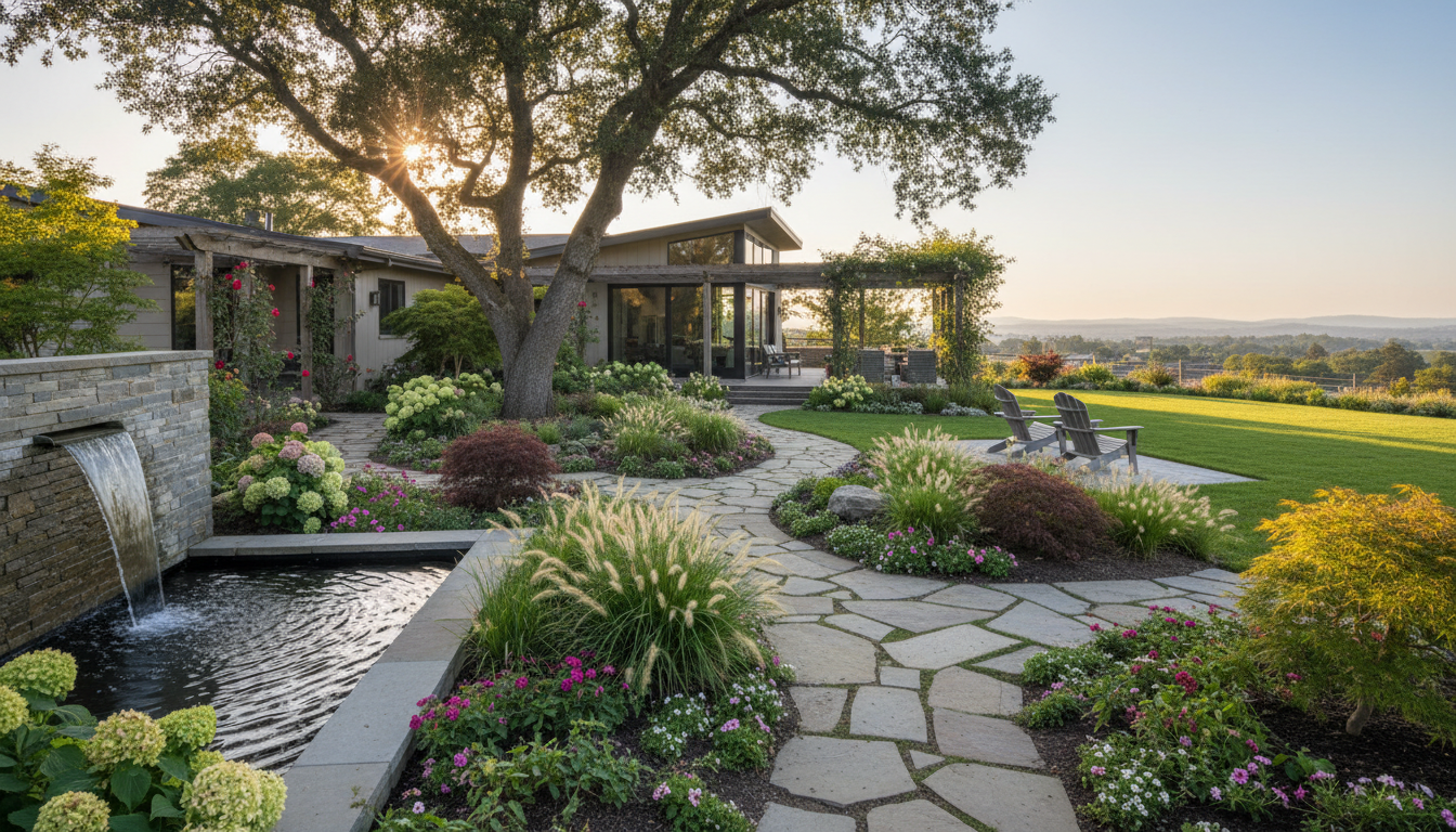Professional photo of a landscape designer consulting with a homeowner in a beautiful, newly designe