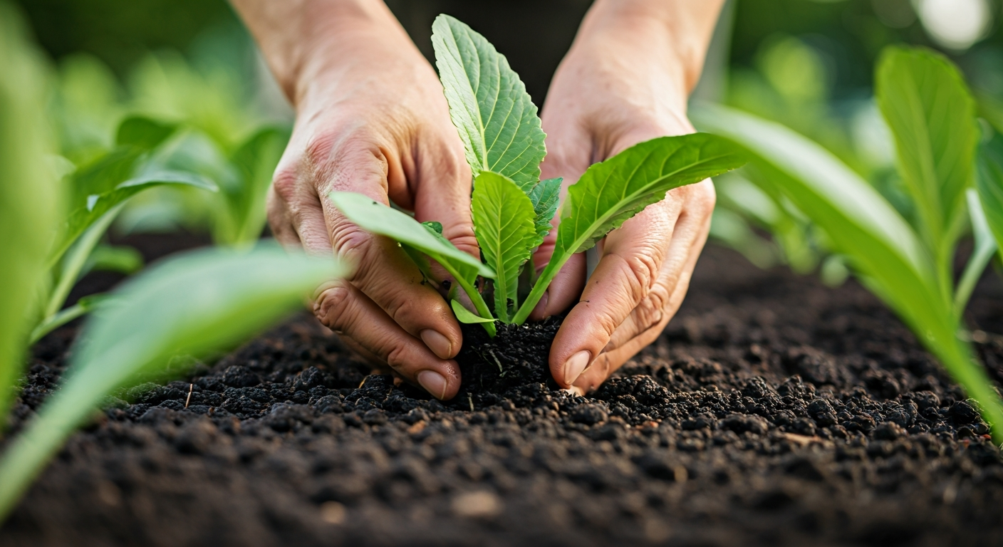 Close-up photo of a gardener's hands gently tending to a healthy plant in a garden bed, with wet soi