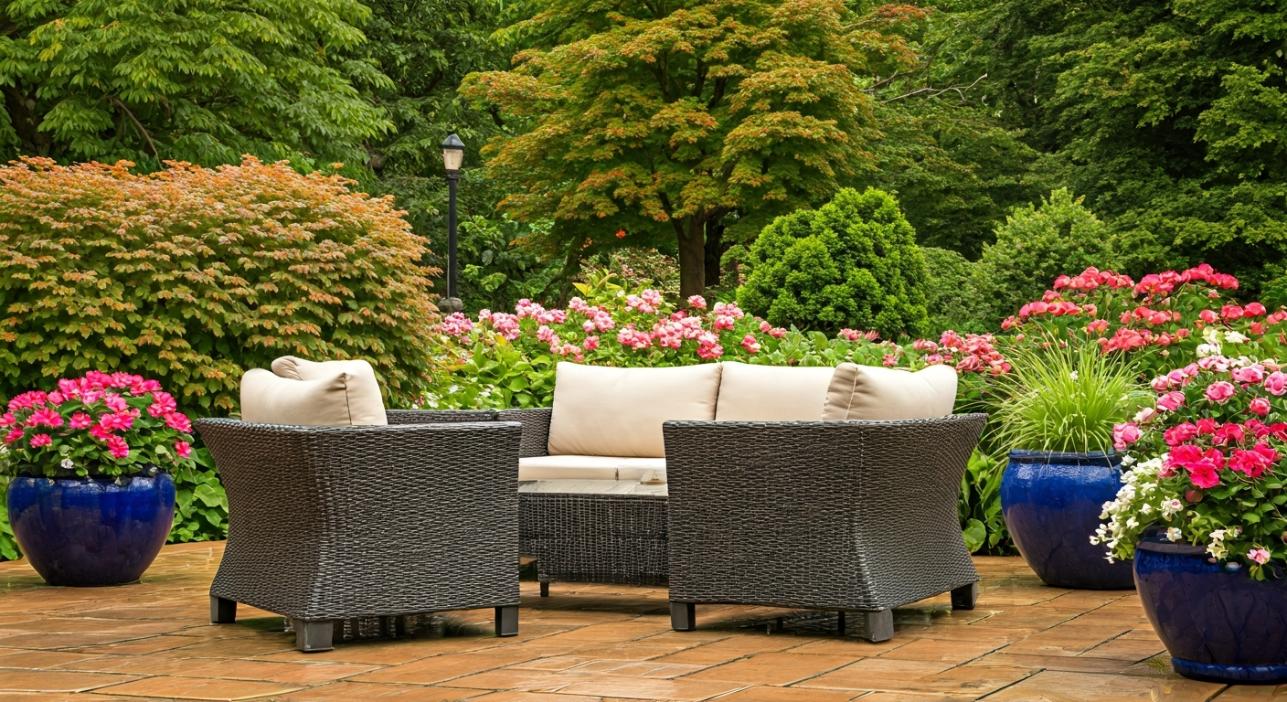 Professional photo of a beautifully designed garden patio area with comfortable seating, surrounded