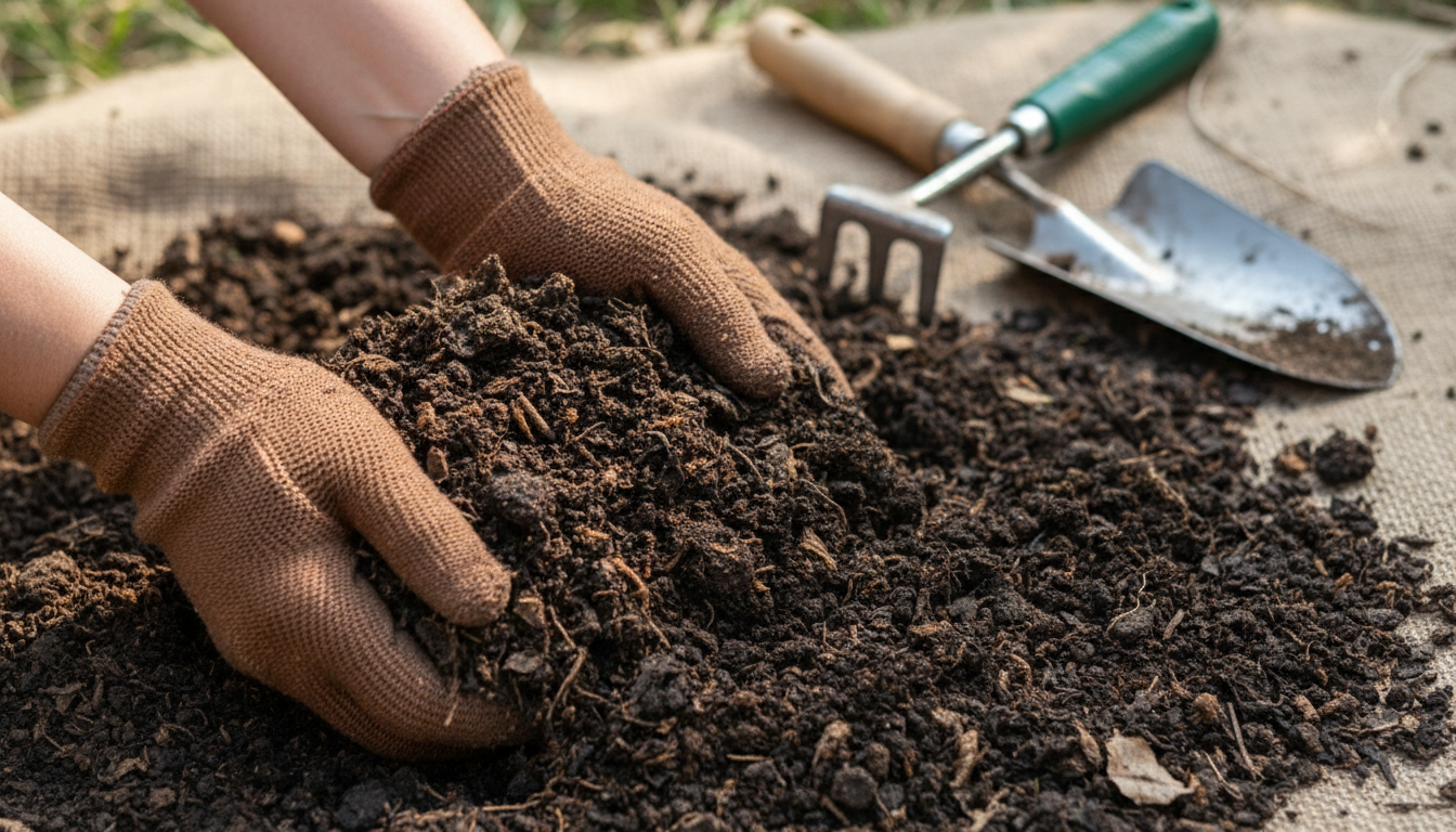 Close-up professional photo of hands gently working with rich, dark soil, mixing in compost, with ga