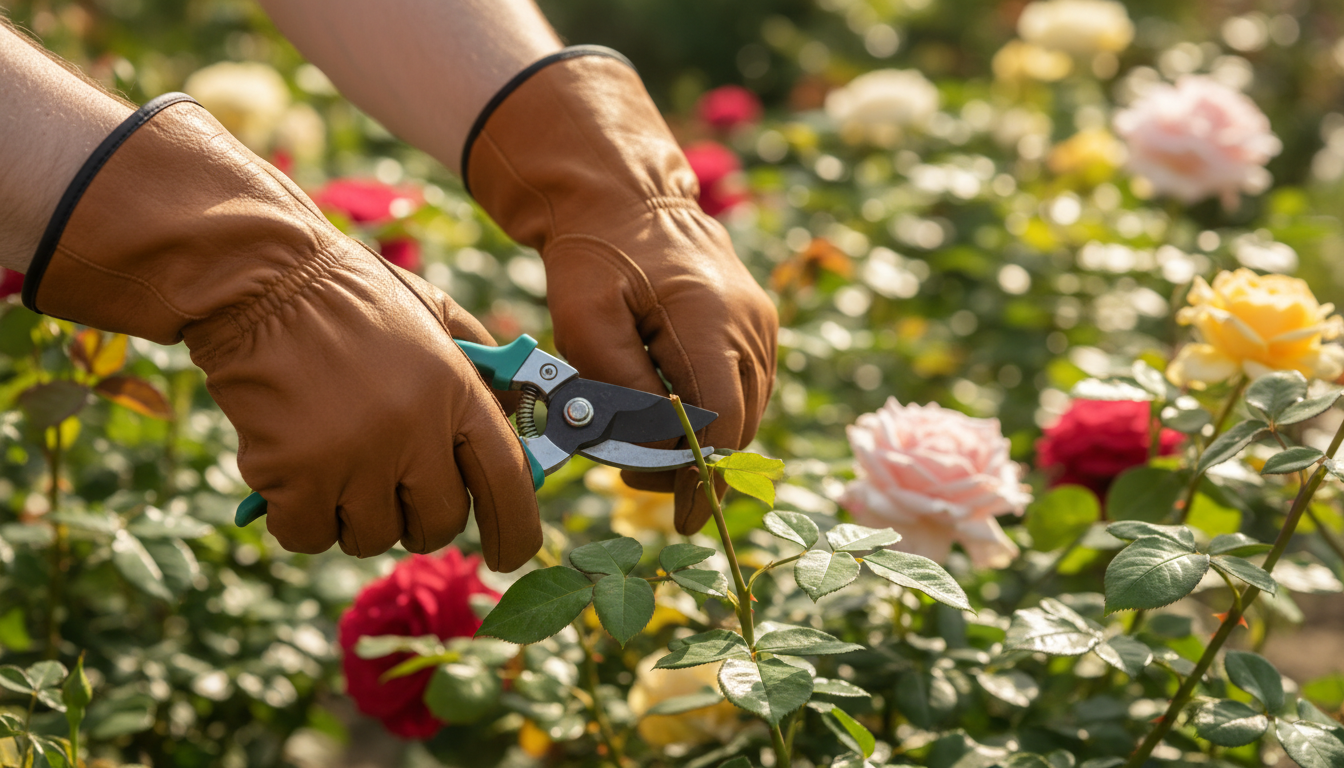 Professional photo of a gardener pruning rose bushes in a spring garden, wearing gardening gloves. F