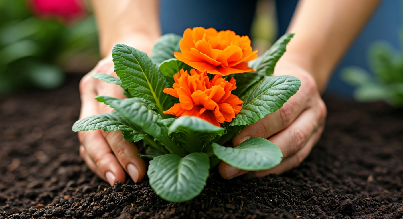 Close-up photo of a gardener's hands gently tending to a healthy, vibrant flowering plant in rich so