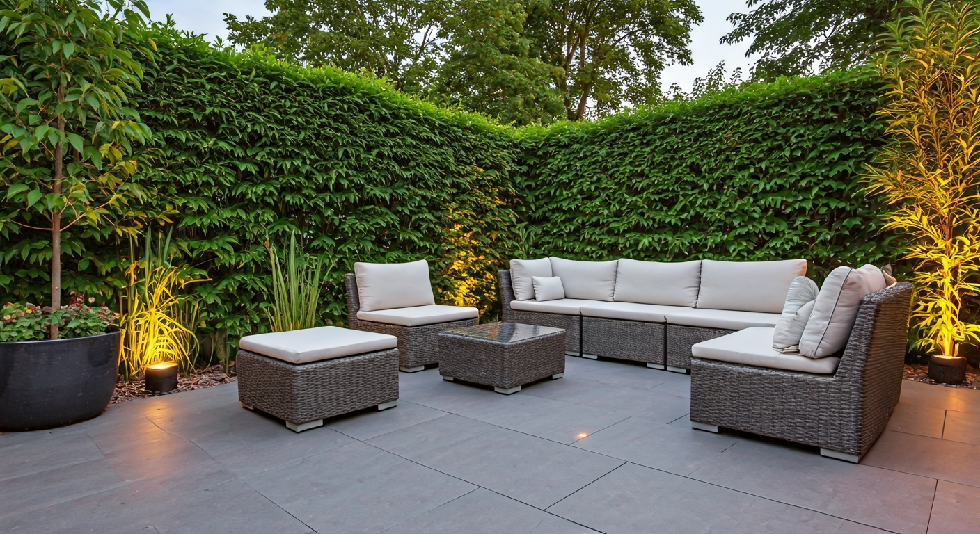 Professional photo of a modern patio area seamlessly integrated with a lush garden. Features include