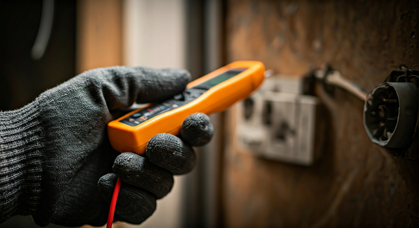 Close-up photo of a skilled hand wearing a work glove carefully checking an electrical outlet with a