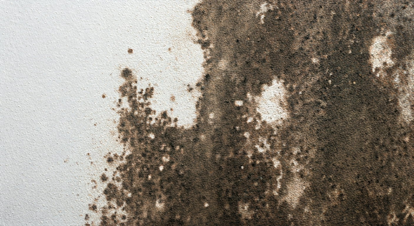 Close-up professional photo of a dark, textured mold patch growing on a white painted wall in a home