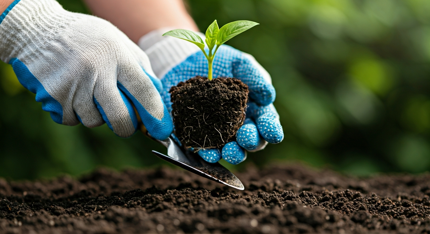 Close-up professional photo of a person's hands wearing gardening gloves, holding a small trowel and