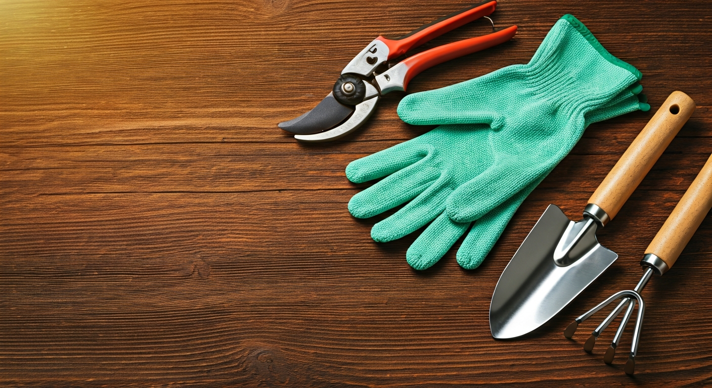 Professional photo showcasing a selection of essential gardening tools neatly laid out on a wooden s