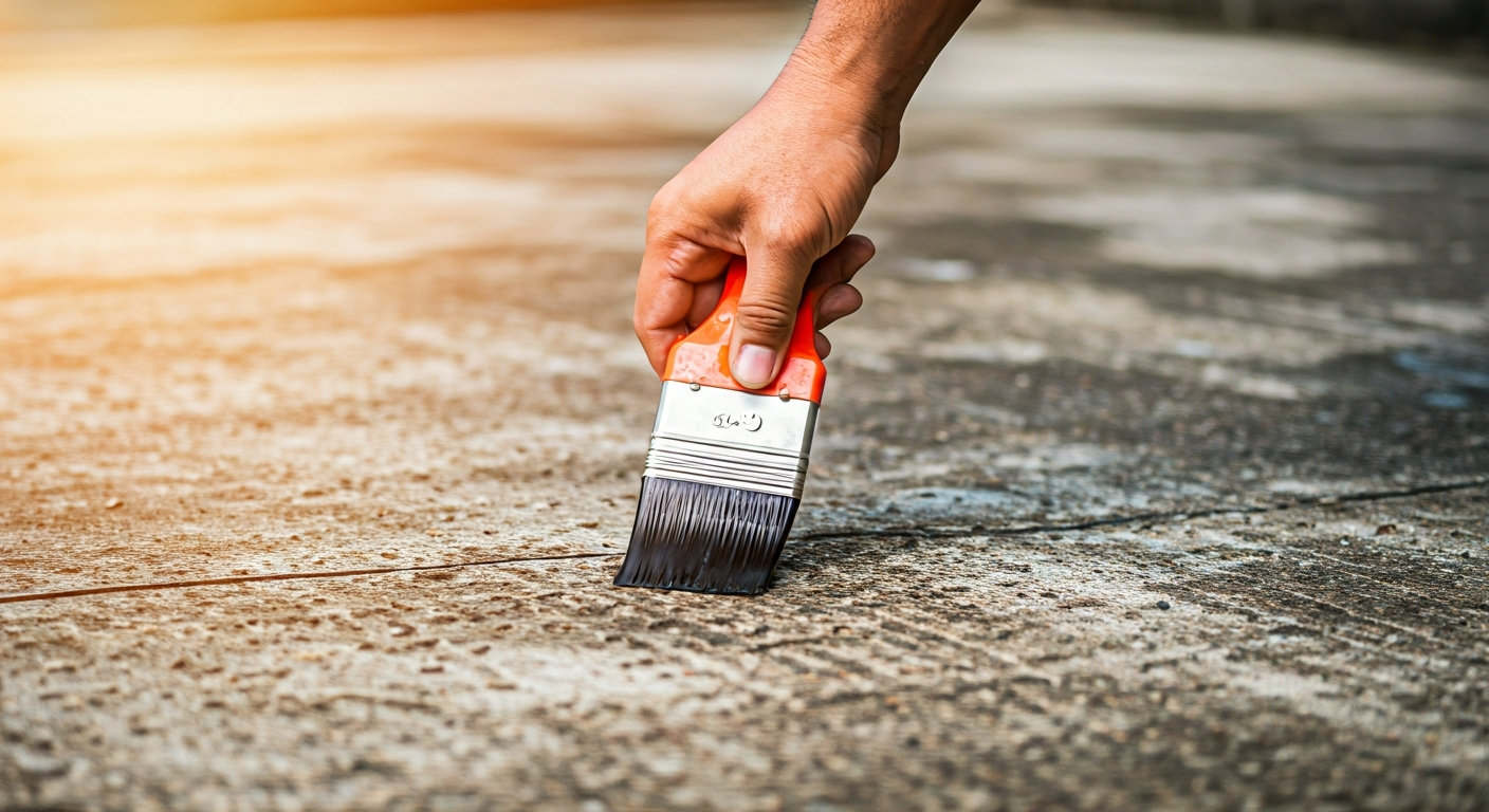 Close-up professional photo of a hand applying a waterproofing sealant to a crack on a concrete surf