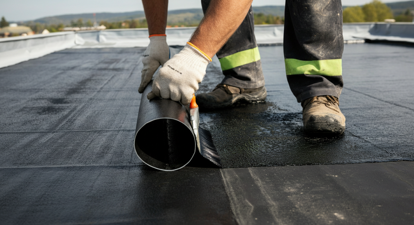 Close-up professional photo of a construction worker applying a waterproofing membrane to a concrete