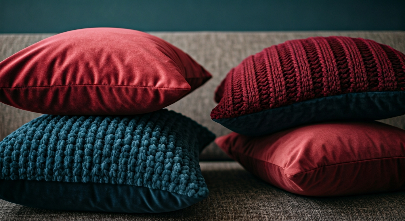 Close-up photo of a stack of plush throw pillows in rich jewel tones like burgundy and deep teal, ma