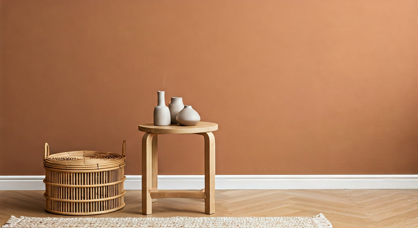 Professional photo of a corner in a living room showcasing a wooden side table with ceramic vases an