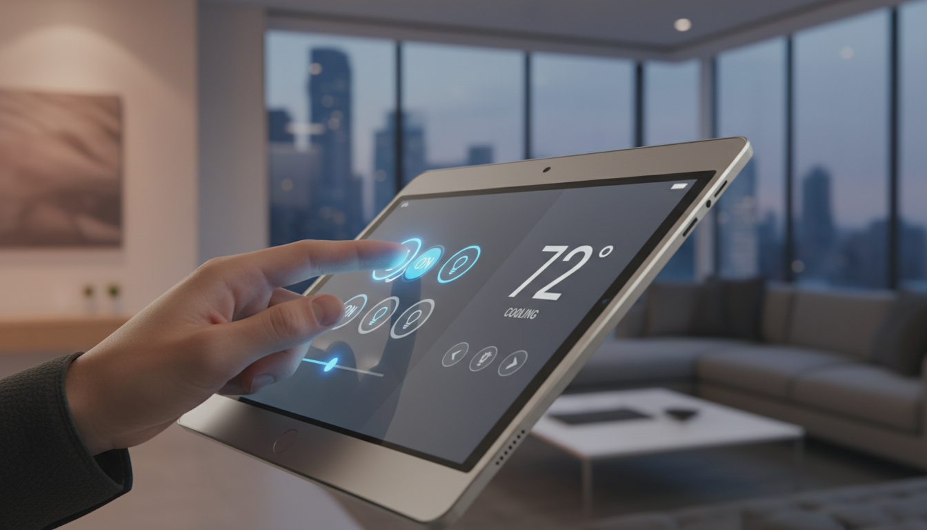 Close-up photo of a hand interacting with a smart home tablet interface, showing controls for lights