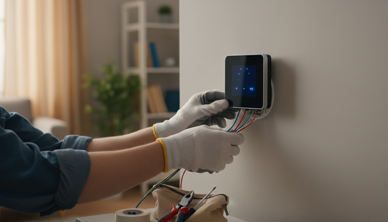 Professional photo of an electrician installing a smart thermostat on a wall, with tools and wires v