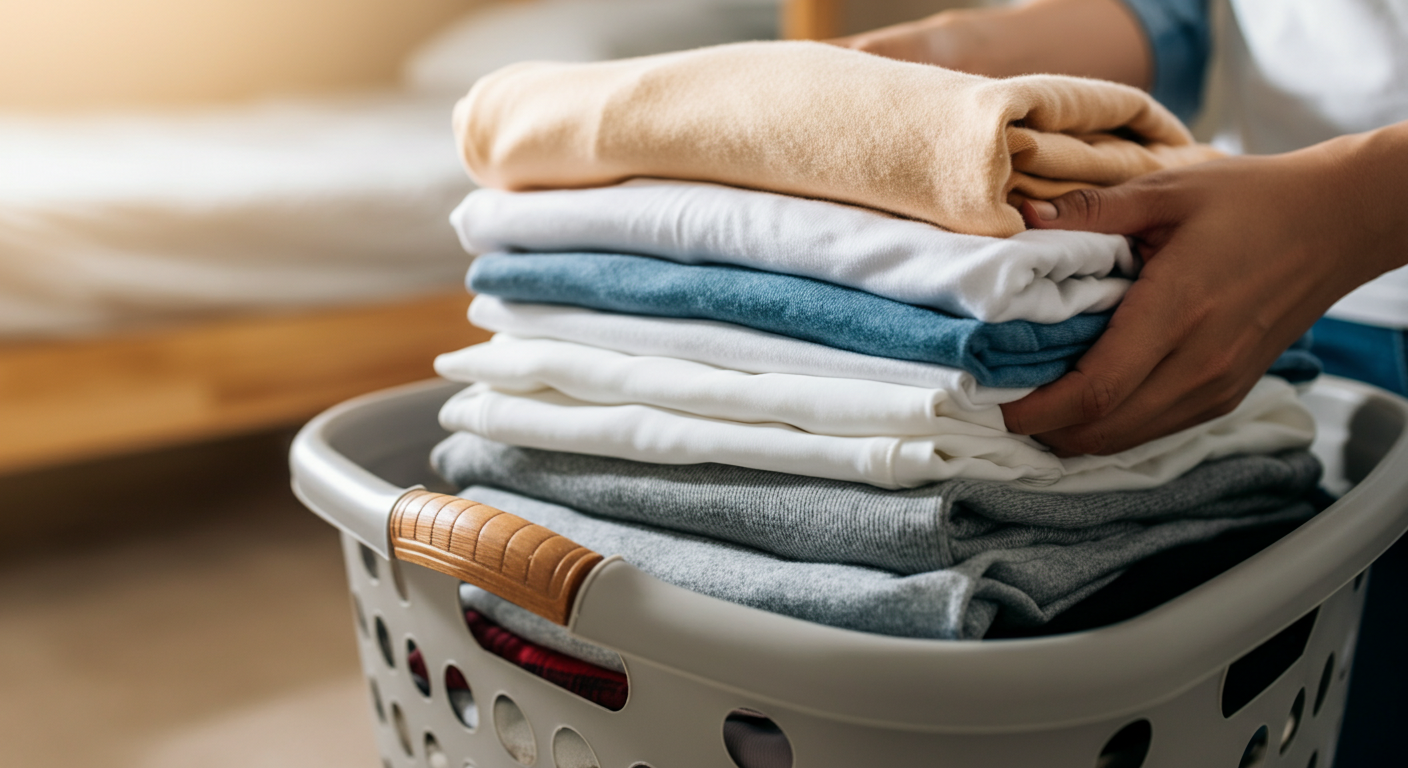 Close-up photo of a person neatly folding clothes and placing them into a laundry basket, with a sli