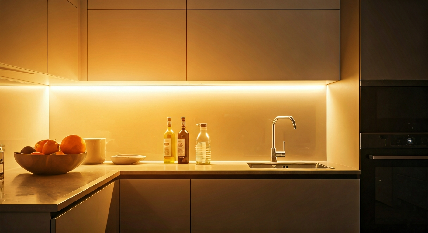 Professional photo of a well-organized kitchen counter with a few fresh fruits in a bowl, a clean si