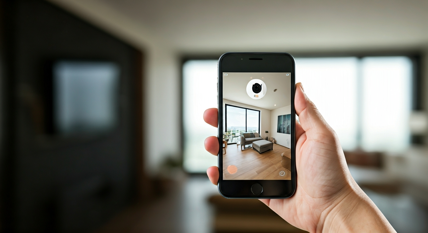 Close-up, professional photo of a hand holding a smartphone displaying a live feed from a home secur