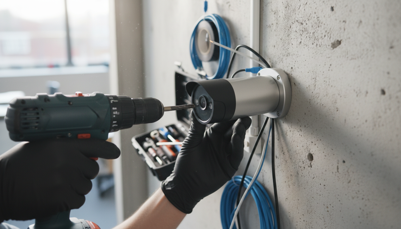 Close-up photo of a hand installing a sleek, modern IP security camera on a wall, with tools and wir