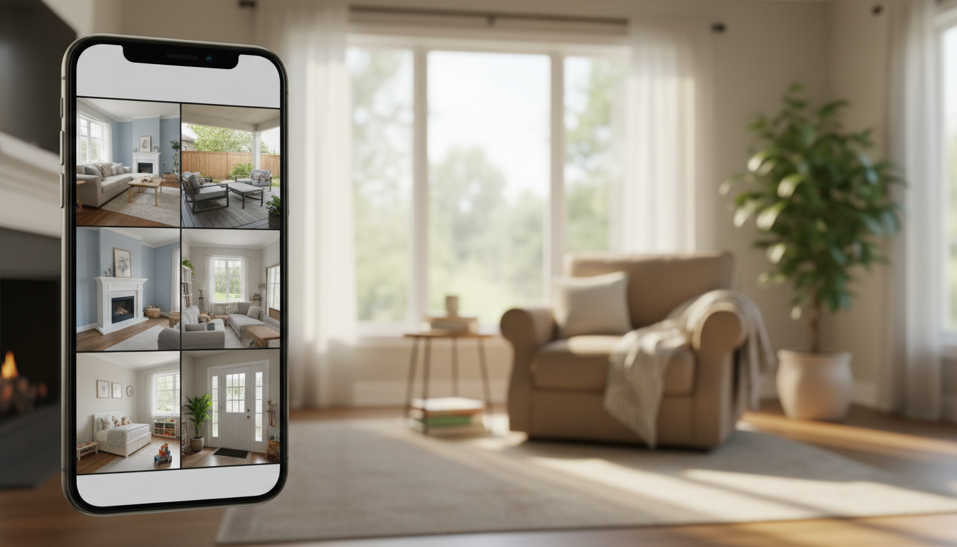 Professional photo of a smartphone screen displaying a live feed from multiple home security cameras