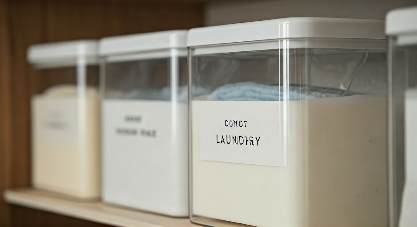 Close-up photo of neatly organized laundry detergents and cleaning supplies in transparent container