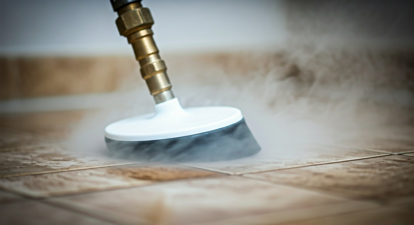 Close-up photo of a professional cleaning machine emitting steam onto a grimy tile grout, with the s