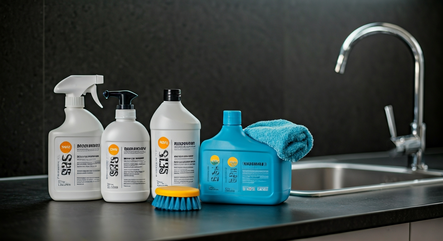 Professional photo of a selection of specialized cleaning products neatly arranged on a clean counte