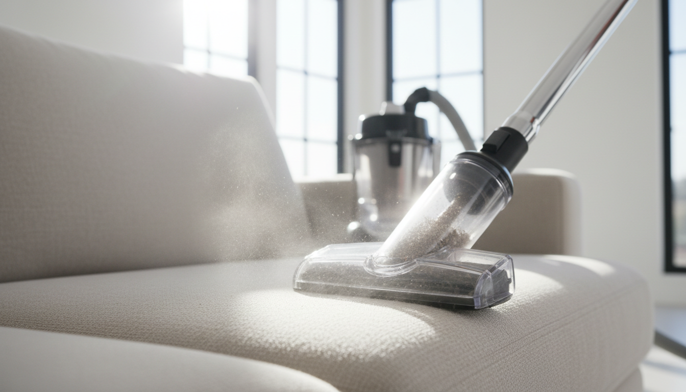 Close-up photo of a person vacuuming a sofa with a specialized nozzle, showing dust particles being