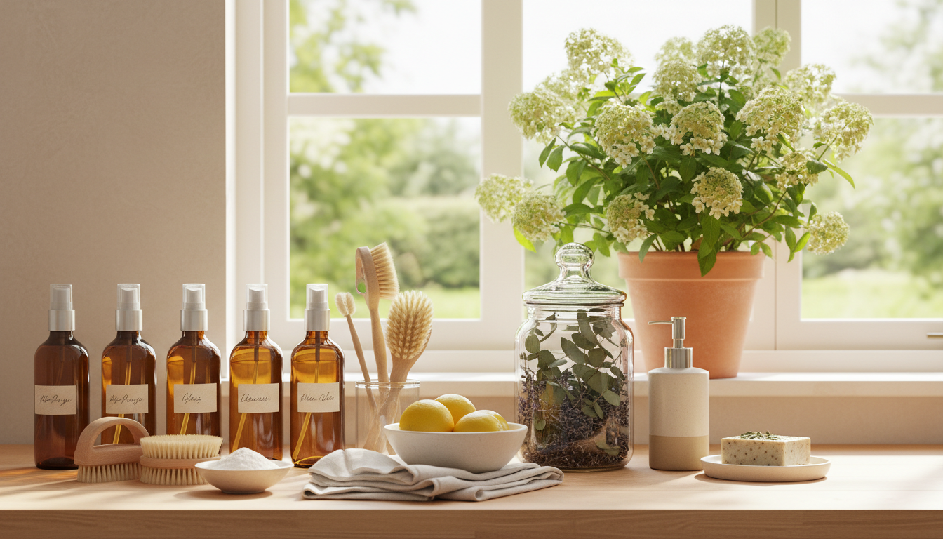 Professional photo of various eco-friendly cleaning supplies arranged neatly on a wooden countertop