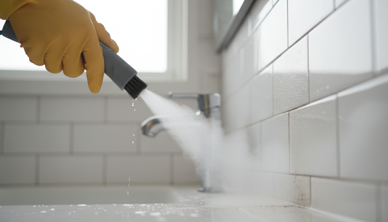 Close-up photo of a hand using a steam cleaner on a tile grout in a bright bathroom, showing steam a