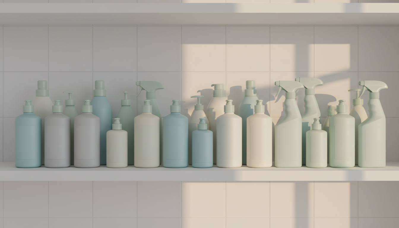 Professional photo of a neatly organized collection of various cleaning products (bottles, sprays) o