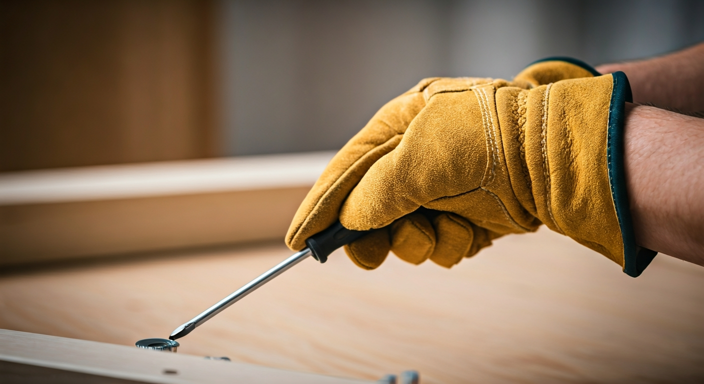 Close-up photo of hands wearing durable leather work gloves, carefully gripping a screwdriver, with