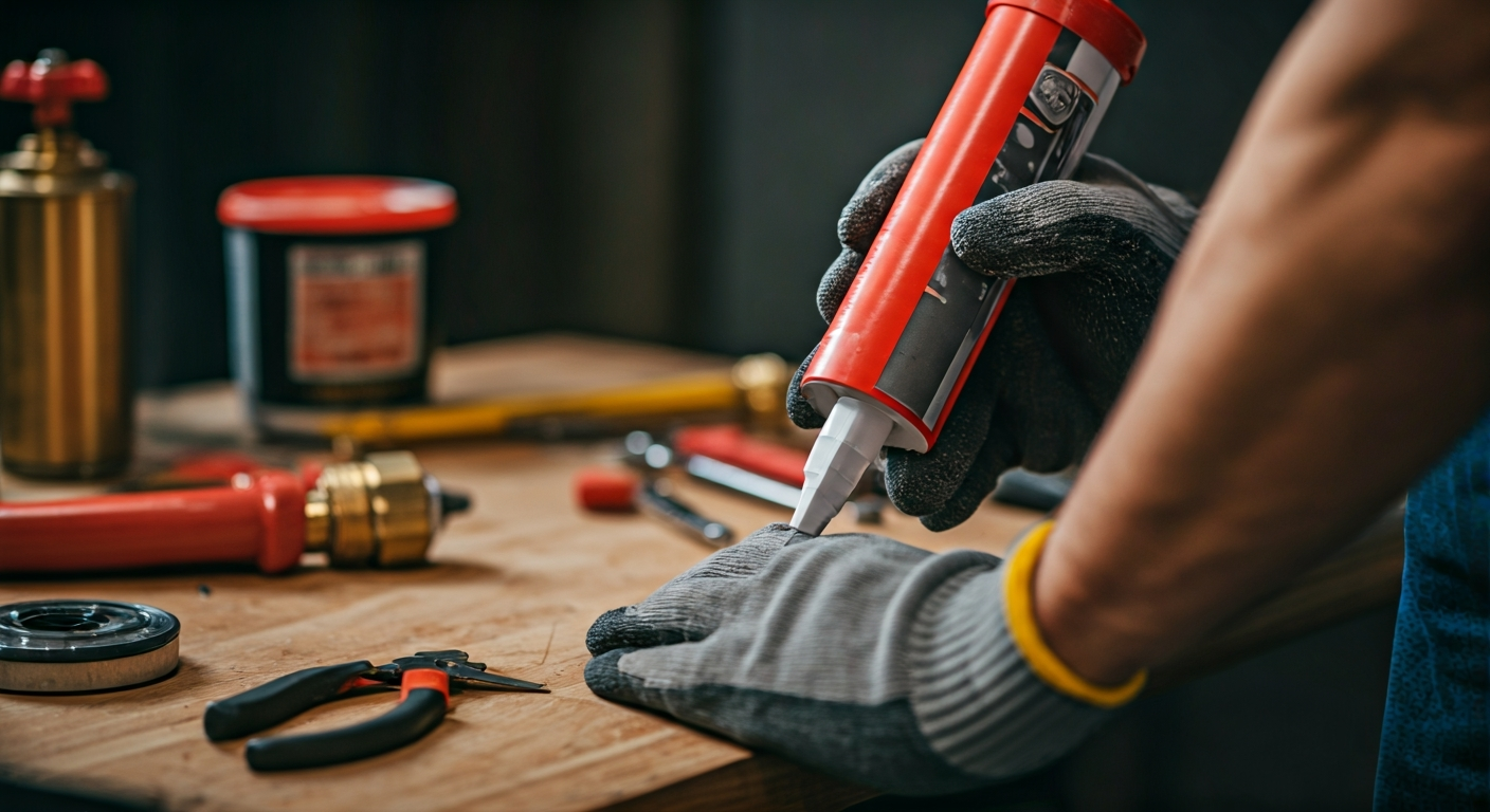 Professional photo of a person wearing work gloves, applying sealant around a pipe joint, with visib