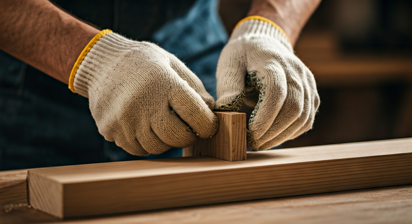 Professional photo of a craftsman's hands, protected by a clean, well-fitted work glove, carefully a