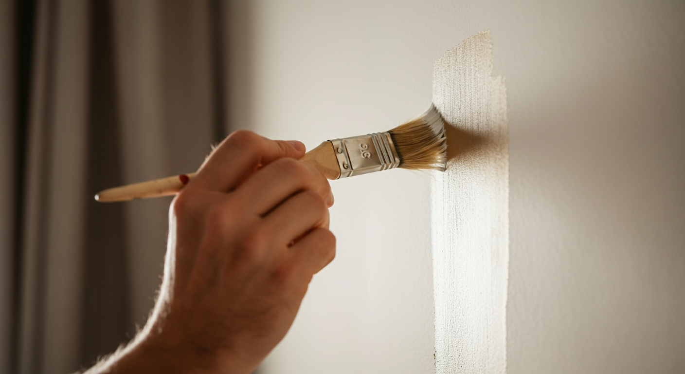 Close-up professional photo of a skilled hand using a paintbrush to carefully touch up a wall, showi