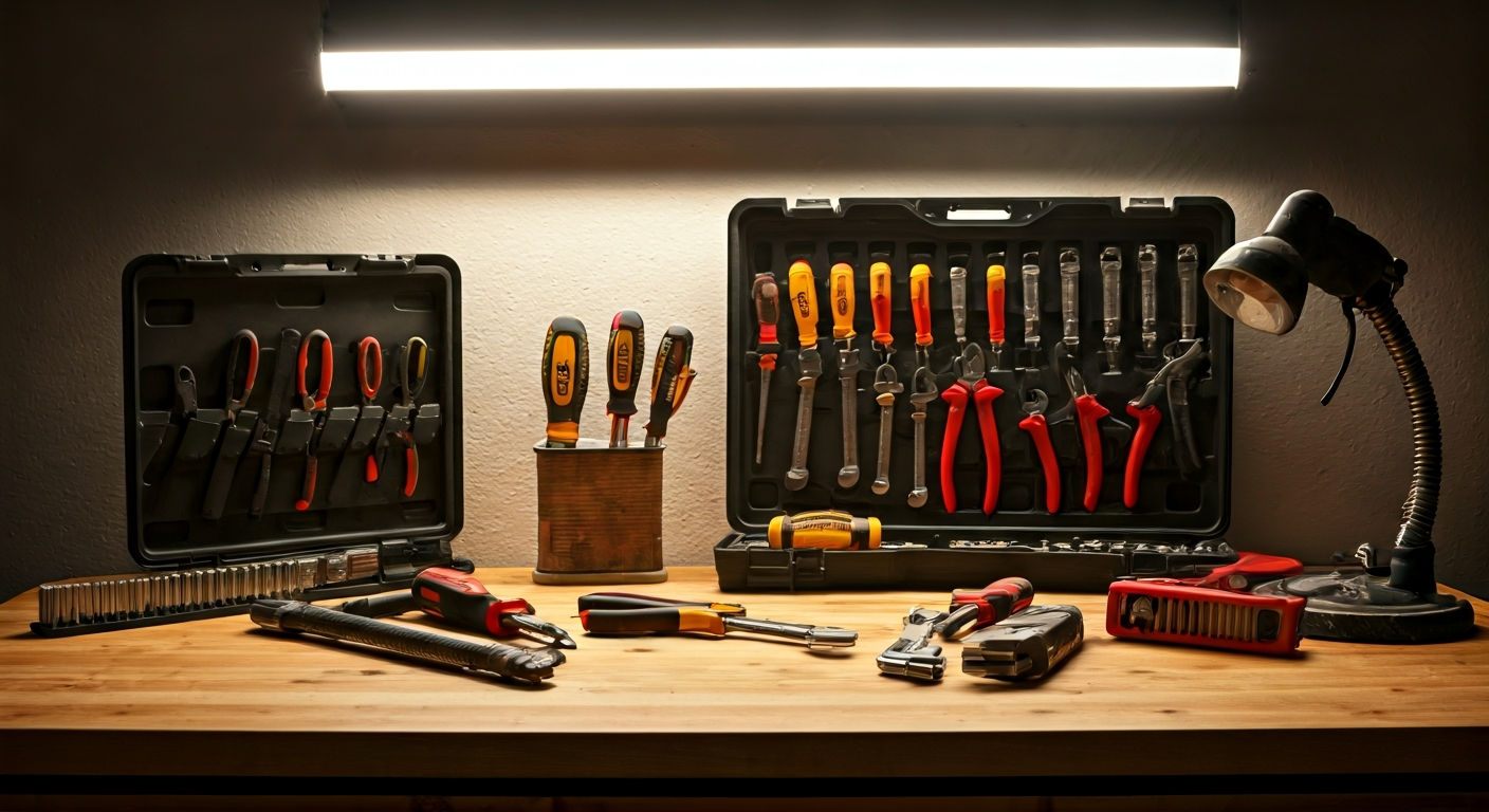 Professional photo of a neatly organized toolbox with various tools laid out on a clean workbench, h