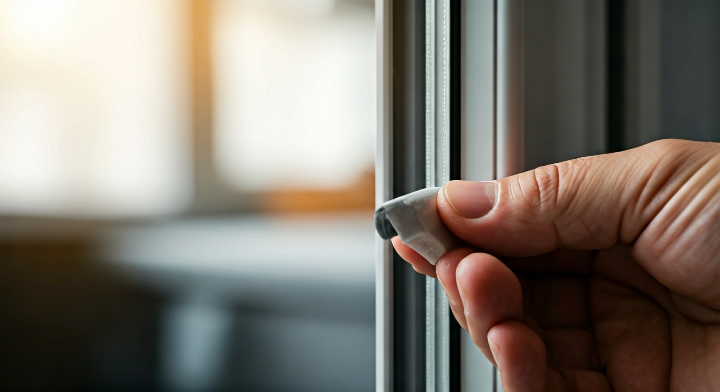Close-up photo of a hand checking the seal on a window frame, with a blurred background of a home in